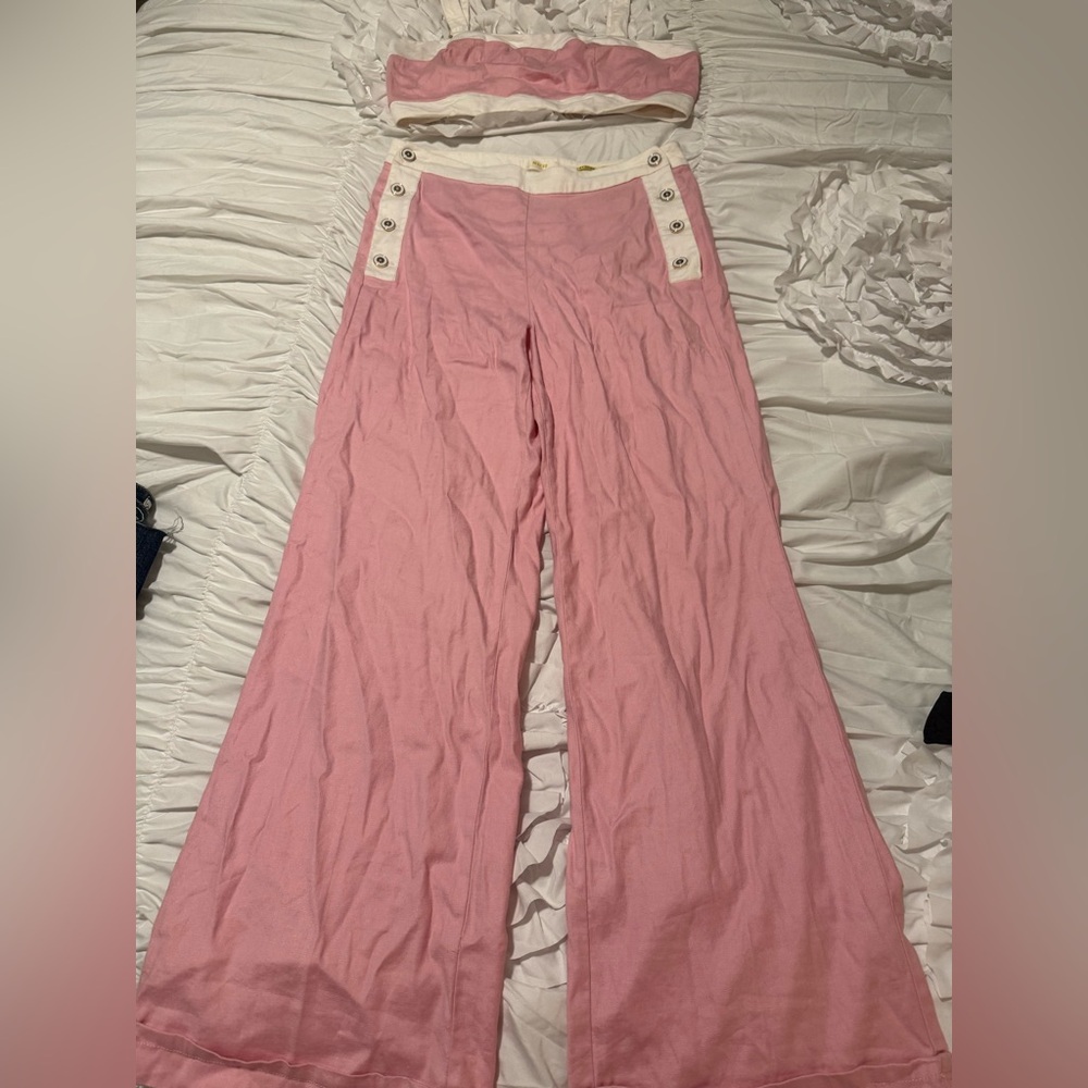 Maeve Pink and White Buttoned Pants & Matching Crop Top 🩷